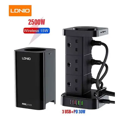 LDNIO SKW6457 6 Outlet USB Tower Extension Power Socket with 15W Wireless Charger